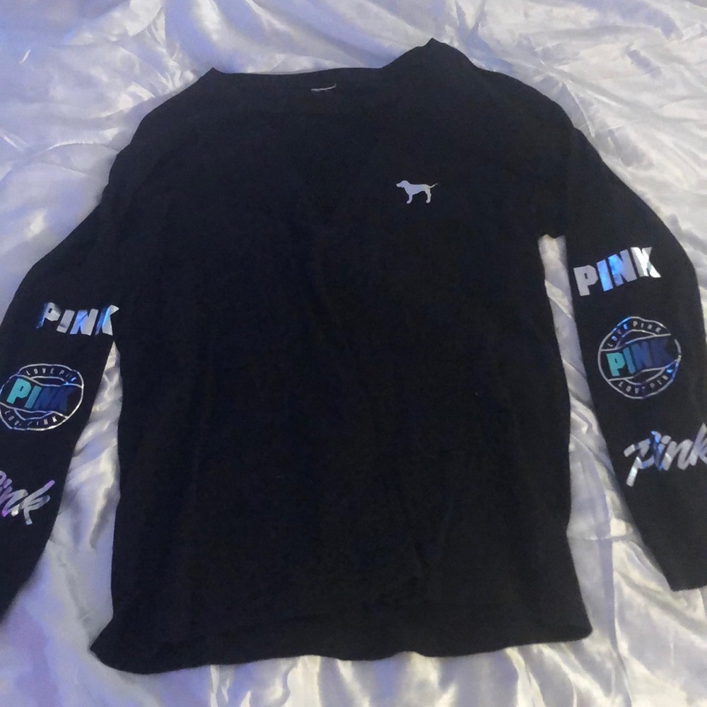 PINK black long sleeve mesh v neck